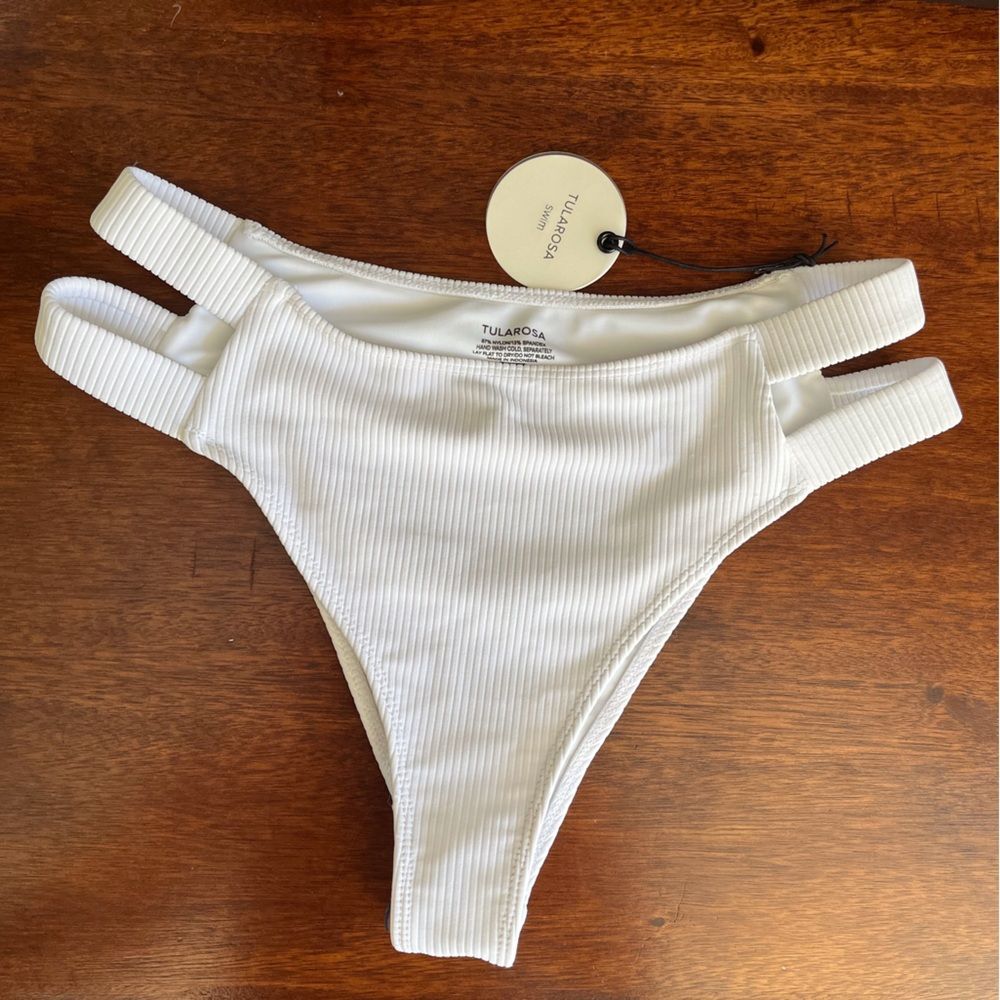 Tularosa high waisted cheeky bikini white bottoms with cut out double straps.